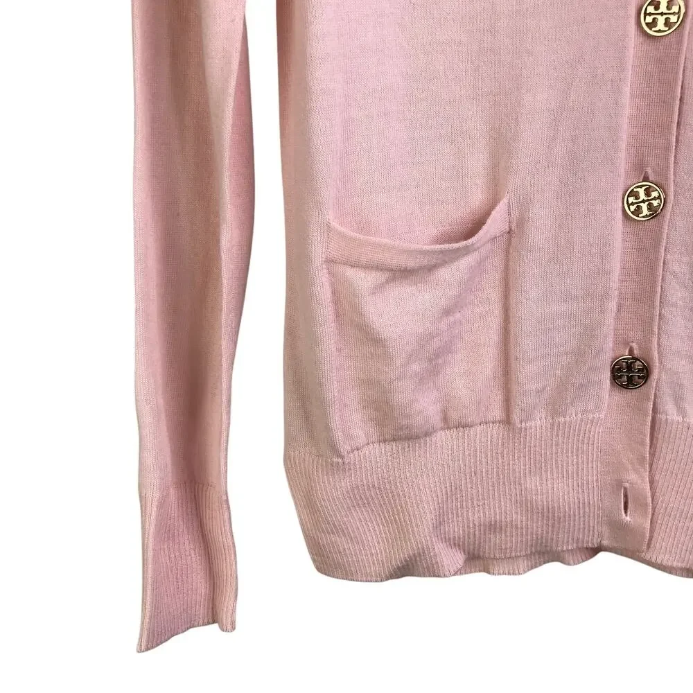 Tory Burch Madeline Cardigan Wmns Size XS/TP Coastal‎ Pink Gold Logo Buttons